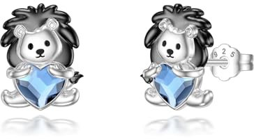 Löwe Tier Ohrringe 925 Sterling Silber Süße Blauer Kristall Löwe Ohrstecker Schmuck Geschenke für Damen Mädchen（Schwarzes）