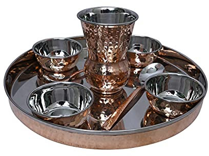 Royal Kurta Handicraft Indian dinnerware Steel Copper Traditional Dinner Set of thali Plate, Bowls, Glass and Spoon Beautifully Handcrafted Tableware for Gift
