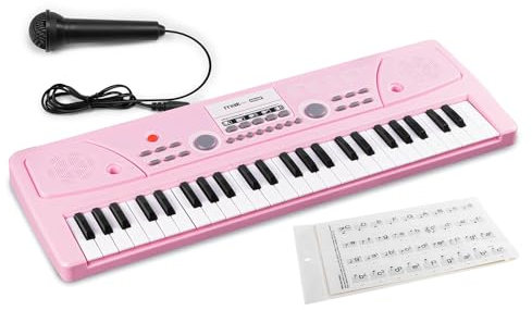Pink Childrens Keyboard for Learner, 49-Key Electronic Keyboard for Beginner, Kids Piano Set with Key Stickers, 6 Months Lessons, Musical Gift Toy for Ages 3+