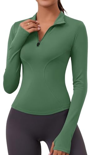Rapbin Gym Tops Women Long Sleeve Running Top 1/4 Zip Sweatshirt Workout Top Running Tee Shirts Half Zip Exercise Top with Thumb Holes Green M