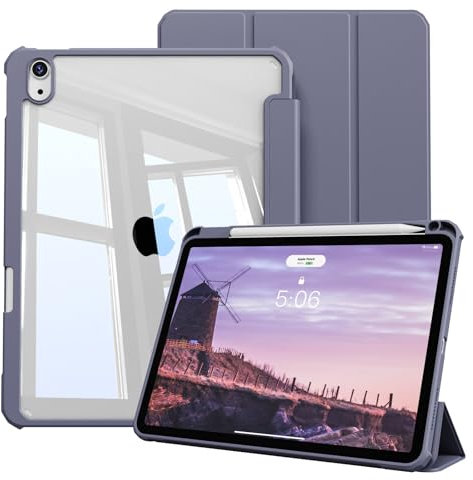KVTVOU Hülle für iPad Air 11 Zoll 2025/2024, iPad Air 5./4. Generation 10,9 Zoll 2022/2020 mit Stifthalter, Transparente PC Rückseite, Stoßfeste Smart Hülle, Auto Wachen/Schlafen, Violett