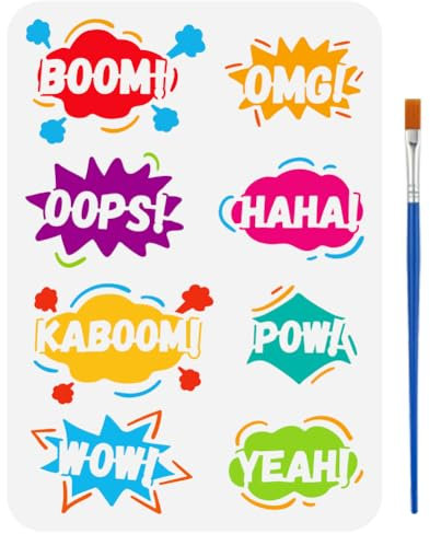 FINGERINSPIRE Pop Art Comic Blasenschablonen Mit Einem Pinsel 29.7x21cm Dialogtext Malschablonen BOOM WOW YEAH OMG POW Zeichenschablonen Logothemen Word Vorlage Für Wand Stoff Boden