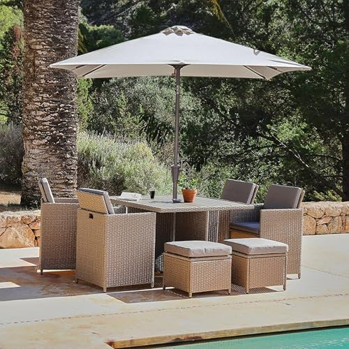 Laura James 8 Seater Rattan Cube Outdoor Dining Set with Cream LED Premium Parasol - Natural Brown Weave Polywood Top