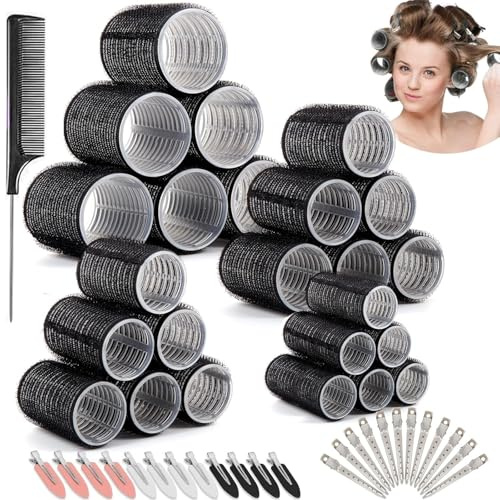 Lot de 49 bigoudis pour boucles sans chaleur, grands et petits bigoudis DIY auto-adhésifs avec 24 pinces à cheveux pour cheveux longs, moyens et courts, salon - 60/45/36/25mm