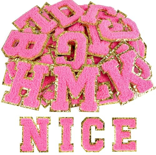 ASTARON 26 Stück selbstklebende Buchstaben Aufnäher Chenille-Buchstaben Aufkleber, A-Z gestickte Applique-Aufnäher Alphabet-Stoffaufnäher für Kleidung, Taschen, Hut, DIY-Zubehör (Mittelrosa)