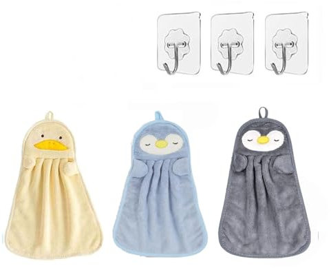 Toalla Mano Dibujos Animados Niños,Pack de 3 Toallas de Mano para Niños,Toallas Absorbentes con Diseños de Animales,Poliéster Suave,Toallas Colgantes para Baño,Cocina o Viajes,37x25 cm(Con 3 ganchos)