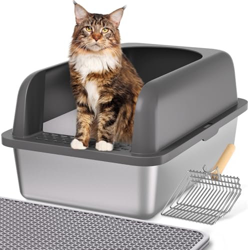 Katzenklo Edelstahl XL 60 x 40 x 30 cm Katzentoilette für große Katzen Cat Litter Box mit Katzenklo Schaufel und Matte, Einfache Reinigen