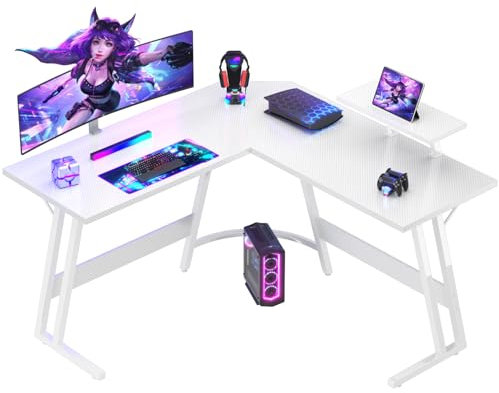 Devoko Gaming Tisch L Form mit Monitorständer, Eckschreibtisch für Gamer, Gaming Schreibtisch L Form, Groß Pc Computertisch, Kohlefaser Weiß, 120x120cm