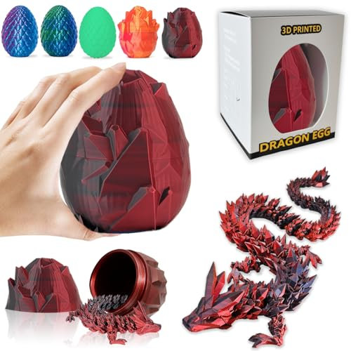 Veszoen Dragón Impreso en 3D, 30cm Dragón Articulado Impreso 3D, Dragón de Cristal con Huevo de Dragón para Automóviles, Oficinas y Decoración del Hogar(Rojo Oscuro)