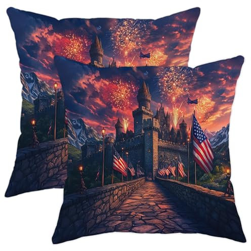 Patriotisches Schloss Feuerwerk Dekokissenbezüge 2er-Set, Sonnenuntergang, mittelalterliche amerikanische Flagge, dekorativ, quadratisch, festliche Dekoration, Kissenbezüge für Zuhause, Sofa, Bett