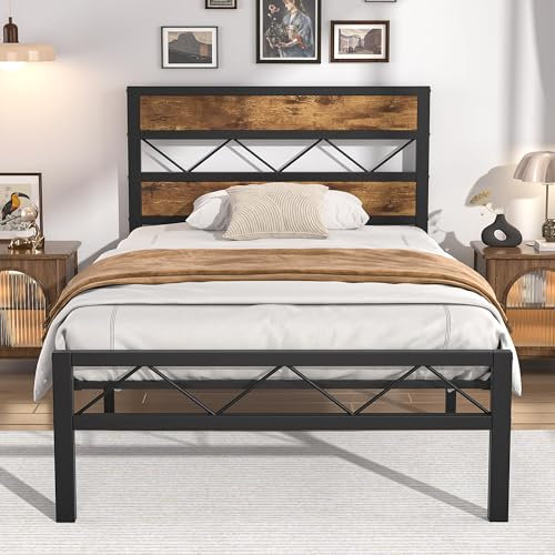 VECELO Single Bed Frame with Rustic Vintage Wooden Headboard, Heavy Duty Metal Slats Support, Platform Mattress Base No Box Spring Needed, No Noise, Easy Assembly