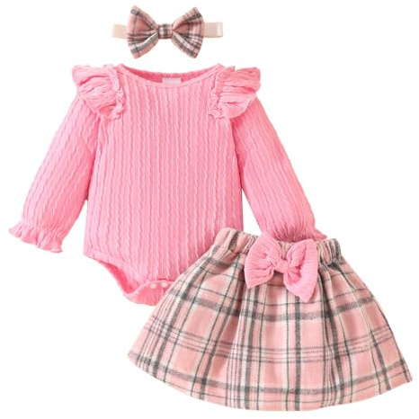 LUVCES Ensemble Jupe Bébé Fille d'Automne Manche Longue à Volants Barboteuse Jupes à carreaux avec Bandeau Vêtements pour Nouveau-né 0-18 Mois