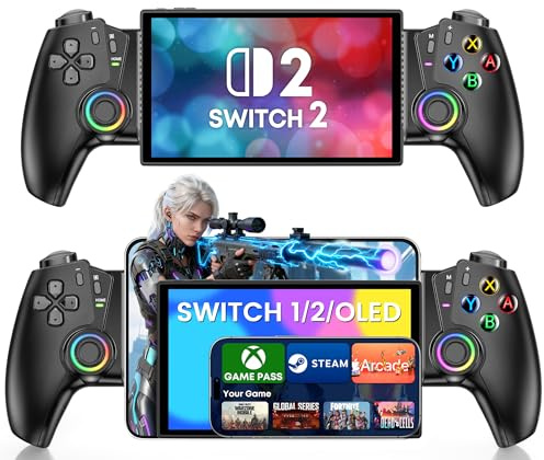 Handheld Controller für Nintendo Switch 2/Switch/OLED/Lite, Wireless Controller mit Hall Joystick & Trigger/Cooles RGB Joysticks, Handy Controller kompatibel mit Android/IOS/Xbox Cloud/Steam Link