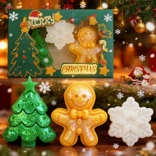 WEILAOK Saponette Natalizie, Sapone Naturale, sapone solido-Set Regalo Natale 3 articles (Albero di Natale + Omino di pan di Zenzero + Fiocchi di Neve), Regalo Natalizio per Famiglia, Gli Amici o Stes