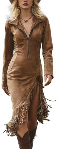 Dyhxuan Boho Kleid Damen Wildleder Western Cowgirl Kleider Slim Fit Cowboy Outfits Half Zip Revers Midikleid mit Quaste Langarm Partykleid Vintage Damenkleider