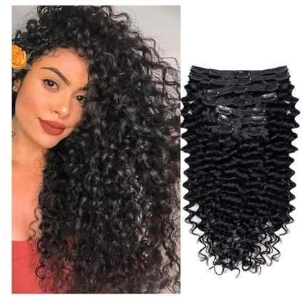 Clip in Extensions Brasilianische lockige Clip-In-Haarverlängerungen, 8 Stück, tiefe Wellen, Echthaar-Extensions, 1B, 120 g Unsichtbar(16inches)