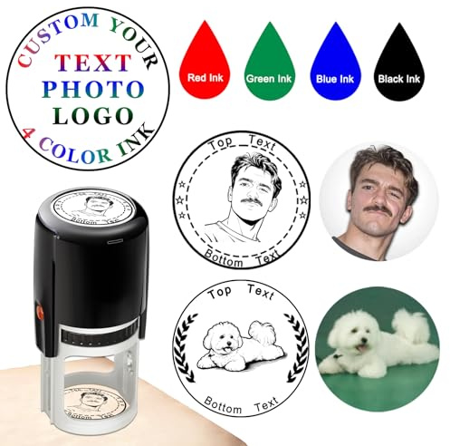 Personalisierter Fotostempel mit Individuellem Gesicht Individueller Porträt Stempel Selbstfärbender Gummistempel mit Logo Namen und Text für Büro und Geschäft – 4 Farben