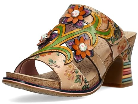 Laura Vita Damen Pantolette Leder Hochfront mit Blumenmuster Decbyo 13
