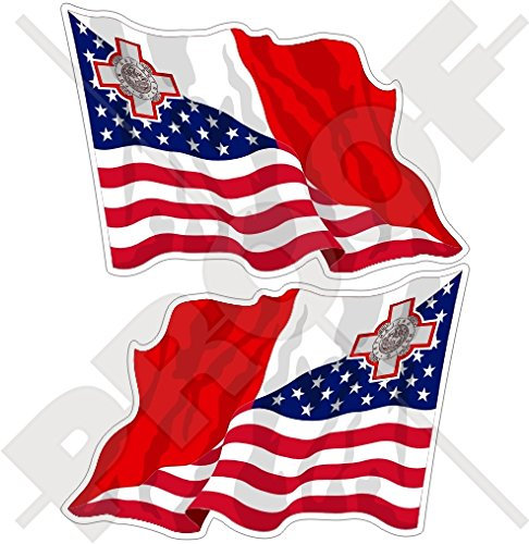 USA United States of America & MALTA American-Maltesische Flagge 7,6 cm (75 mm) Vinyl Stoßstangenaufkleber, Aufkleber x2 (links rechts)