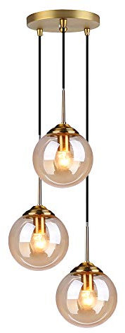 HJXDtech Industrial Vintage 3 Lights Pendant Light,Glass Globe 3 Pendants Ceiling Light, Brass E27 Hanging Lamp Cluster Over Kitchen Island & Dining Room Table (Amber)