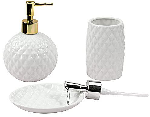 G Decor Designer Badaccessoires-Set 3-teilig Keramik Weiß inkl. Flüssigseife oder Lotionspender, Zahnbürstenhalter oder Zahnputzbecher, Seifenschale
