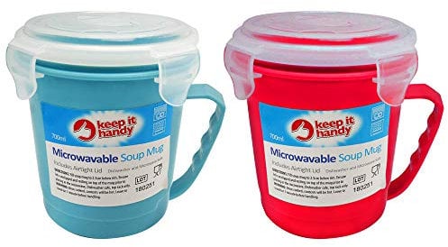 Keep it Handy 2pk Microwavable Plastic Soup Mugs, Casual Style, 700ml Capacity, Red, Green, Blue, Grey