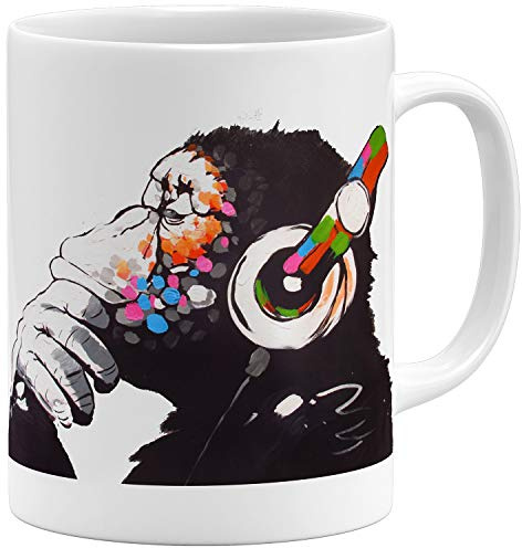 OM3® Monkey Ape Affee Music Banksy Tasse - Keramik Becher - 11oz 325ml - Beidseitig Bedruckt - Weiss
