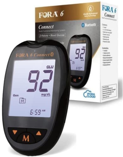 Blood Test Machine 6 Parameter Kit - Fora 6 Connect. Case, Lancet Pen, Lancets, 3 in 1 Strips (Blood Glucose Sugar, Hematocrit & Haemoglobin). Also Monitors & Tracks Uric Acid, Cholesterol & Ketone
