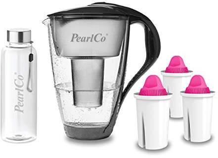 PearlCo - Glas-Wasserfilter (anthrazit) mit 3 Magnesium classic Filterkartuschen + 1 Trinkflasche aus Glas