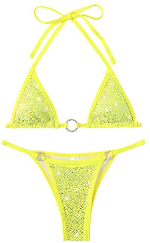 Balasami Damen Sparkly Strass Halfter Dreieck O Ring Top String Thong High Cut Bottom 2 Stück Bikini Badeanzug Set, Gelber Strass, 4-6
