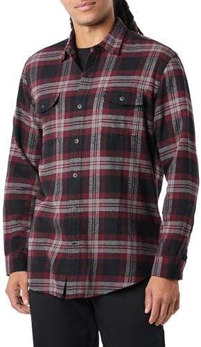 Amazon Essentials Men's Regular-Fit Long-Sleeve Two-Pocket Flannel Shirt, Black Burgundy Plaid, XL