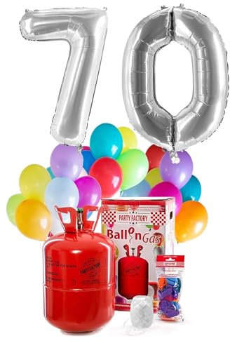 Party Factory `Happy 70´ Helium Komplett-Set, 2 silberne XXL Zahlenballons, 30 bunte Latexballons, 400l Ballongas und 40m Ballonschnur