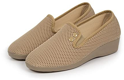 CoboFamily Zapatillas de Estar por Casa Mujer Verano Otoño Invierno, Zapatillas Casual Cómodas Respirables, Zapatos de Rejilla con Tacón Cuña y Punta Cerrada Multicolor, Suela Caucho (Beige, 40)