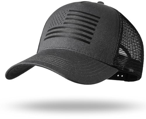 Trucker-Mütze mit amerikanischer Flagge, Snapback-Mütze, Baseballkappe für Herren und Damen, atmungsaktive Netzseite, verstellbare Passform, für Freizeitkleidung, Dunkelgrau/Schwarz, Einheitsgröße