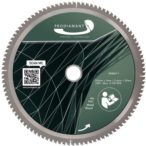 PRODIAMANT - Lama per sega in metallo duro, per legno, alluminio, plastica e laminato, con denti HM TCT, per sega da banco, sega troncatrice e sega circolare, 305 x 30 mm