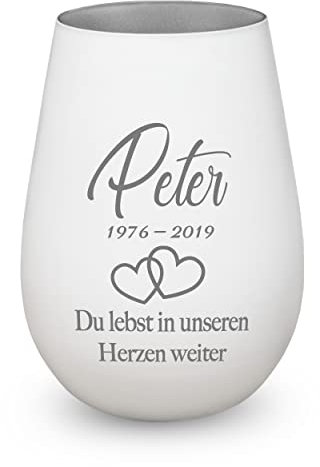 Trauerlicht Gedenklicht Andenken Windlicht Trauergeschenk Tod Erinnerung Teelichtglas Grablicht Kistallglas weiß Herzen mit Gravur Name und Datum