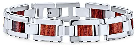 Herren Echtes Braunes Holz Und Silberfarbenes Edelstahlarmband Mit Starkem Rechteckigem Gliederdesign 9 Zoll Länge