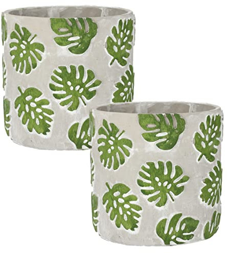 KOTARBAU® 2er Set Blumentopf Übertopf 20 cm für Blumen Pflanzen aus Dekorativ-Beton Fensterblatt-Motiv Monstera