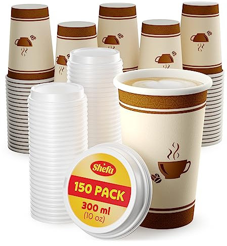 Shefa 150 tazze da caffè e coperchi, bicchieri di carta per bevande calde o fredde, tazze calde da asporto per caffetterie, tazze resistenti al calore, senza BPA, tazze da caffè in carta per bevande