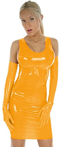 Plus Size PVC Mini Tank Dress Sexy PU Patent Leather Sheath Dress Mini Slim Latex Nightclub Dresses with Gloves,Yellow,XXL