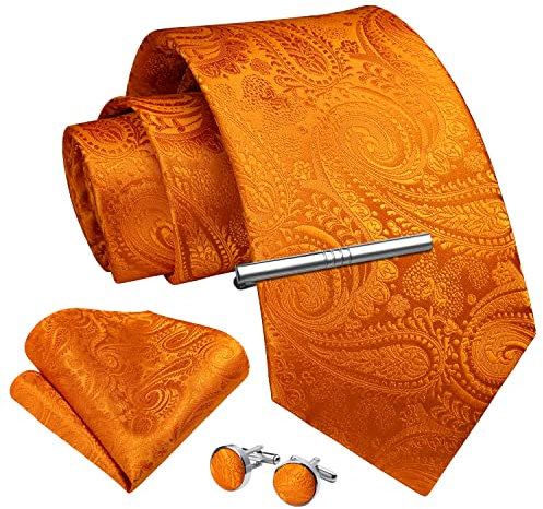 Enlision Herren Krawatte und Taschentuch Herrenkrawatten Krawattenklammer mit Manschettenknöpfe Krawatten Einstecktuch Set Orange