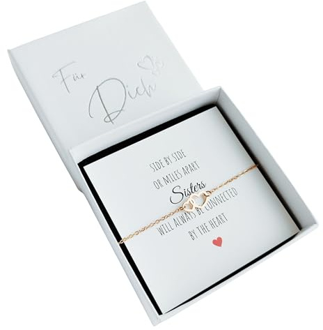 SR Jewelry Schwester Geschenk, Schwester Armband 2 Herzen (verbundene Herzen) - Geschenkset mit Karte und Geschenkbox, 316L Edelstahl, 3 Farben (Silberoptik, PVD-vergoldet, PVD-rosevergoldet)