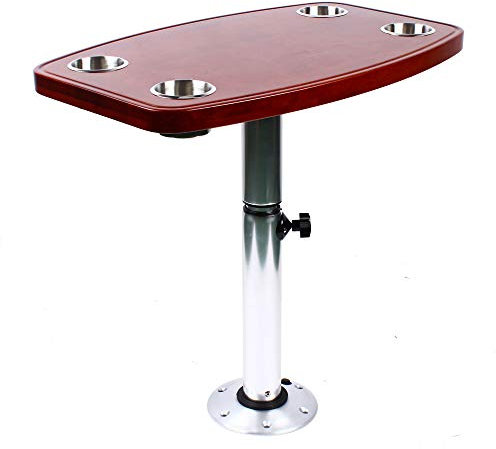 Fetcoi Bootstisch Tischgestell Mit 4 Getränkehaltern, Tischplatte Aus Eichenholz, 7 Einstellbare Höhen, Für Wohnwagen Wohnmobil Marine Boot Yacht