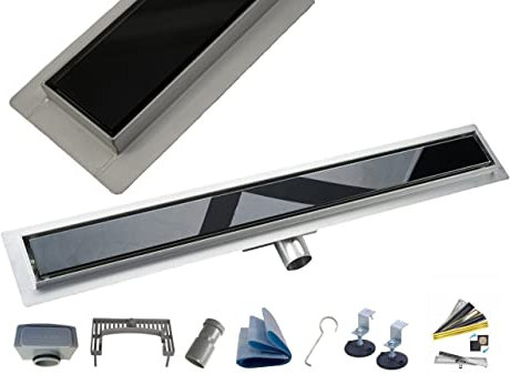 AQUA HEATING linearer Bodenablauf Gehärtetes Glas Edelstahl superflach Komplettset für Badezimmer mit bodengleicher Dusche, Duschrinne Ablaufgarnitur-Set, Duschablauf mit Siphon 100 cm schwarz