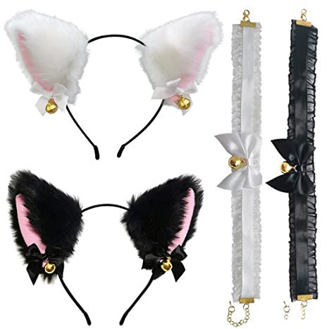 SJBAUTYO Katzenohren Haarreif, Cat Ears Stirnband Glöckchen Halskette Katze Cosplay Set Katze Ohr Stirnband Haarband Cosplay Katzenohren Haarschmuck für Frauen Mädchen Cosplay Kostümfest Schwarz,Weiss