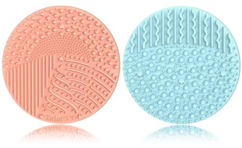 YalsFTY Silicone Makeup Brush Cleaner, 2-Piece Set, Dual-Sided Scrubber Mat for Brushes, Powder Puffs and Sponges (Blue & Peach)