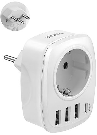 Adattatore Svizzera Germania, VINTAR 5 in 1 Adattatore da viaggio Svizzera, con 3 porte USB e 1 porta USB-C, Spina da viaggio Svizzera, Adattatore da viaggio per Svizzera, Maldive Tipo J