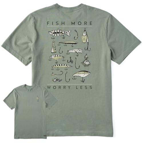 Life is Good Men's Fish More Worry Less Hooks and Tackle Short Sleeve Crusher Tee (Large, Moss Green)
