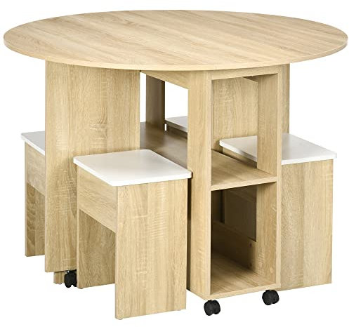 HOMCOM Set Tavolo e Sedie 5 Pezzi in Truciolato, Tavolo Rotondo Pieghevole con 2 Ripiani Aperti e 4 Sgabelli color Rovere