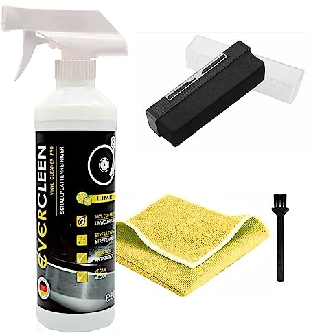 EVERCLEEN Made in Germany Vinyl Record Cleaner Pro Schallplattenreiniger Set 500ml + Samtbürste + Mikrofasertuch + Bürste – Umweltschonender Veganer Reiniger für Schallplatten